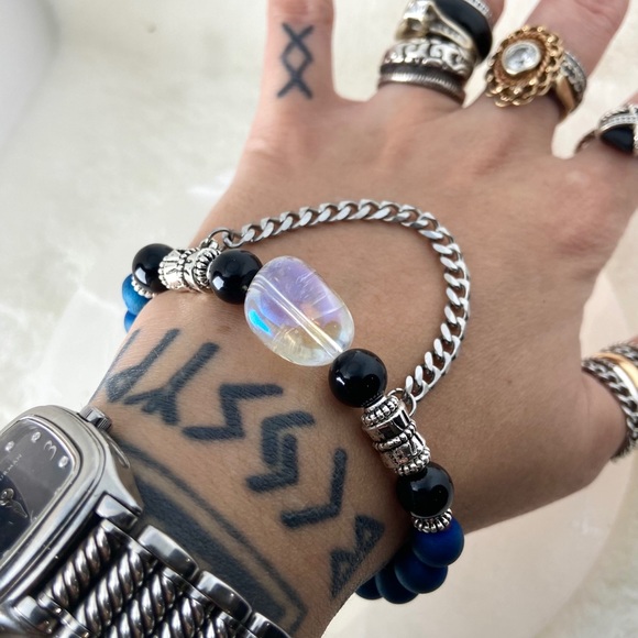 Aura crystal + blue druzy quartz & onyx + chain - Picture 5 of 12